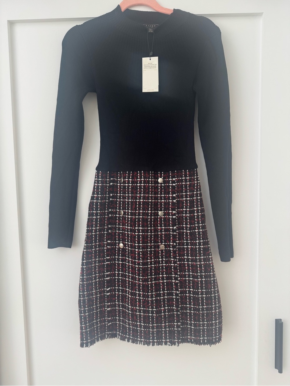 Lipsy Black & Red Plaid Tweed Double-Button Pencil Skirt